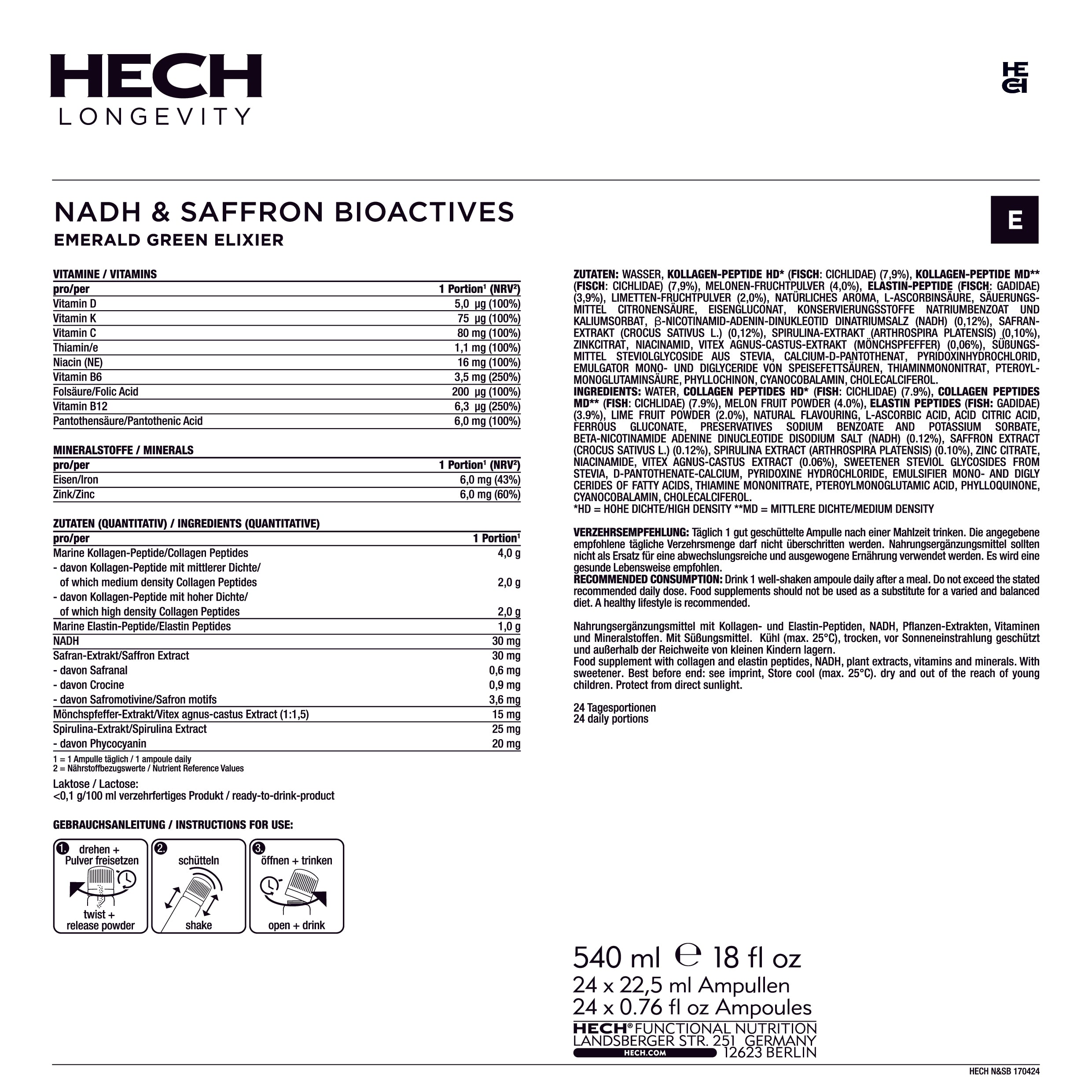 HECH® NADH & SAFFRON BIOACTIVES | EMERALD GREEN ELIXIER <br>24 Ampoules