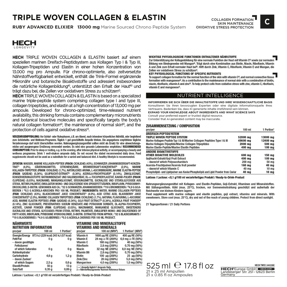 HECH® TRIPLE WOVEN COLLAGEN & ELASTIN | RUBY ADVANCED ELIXIER<br> 21 Ampoules