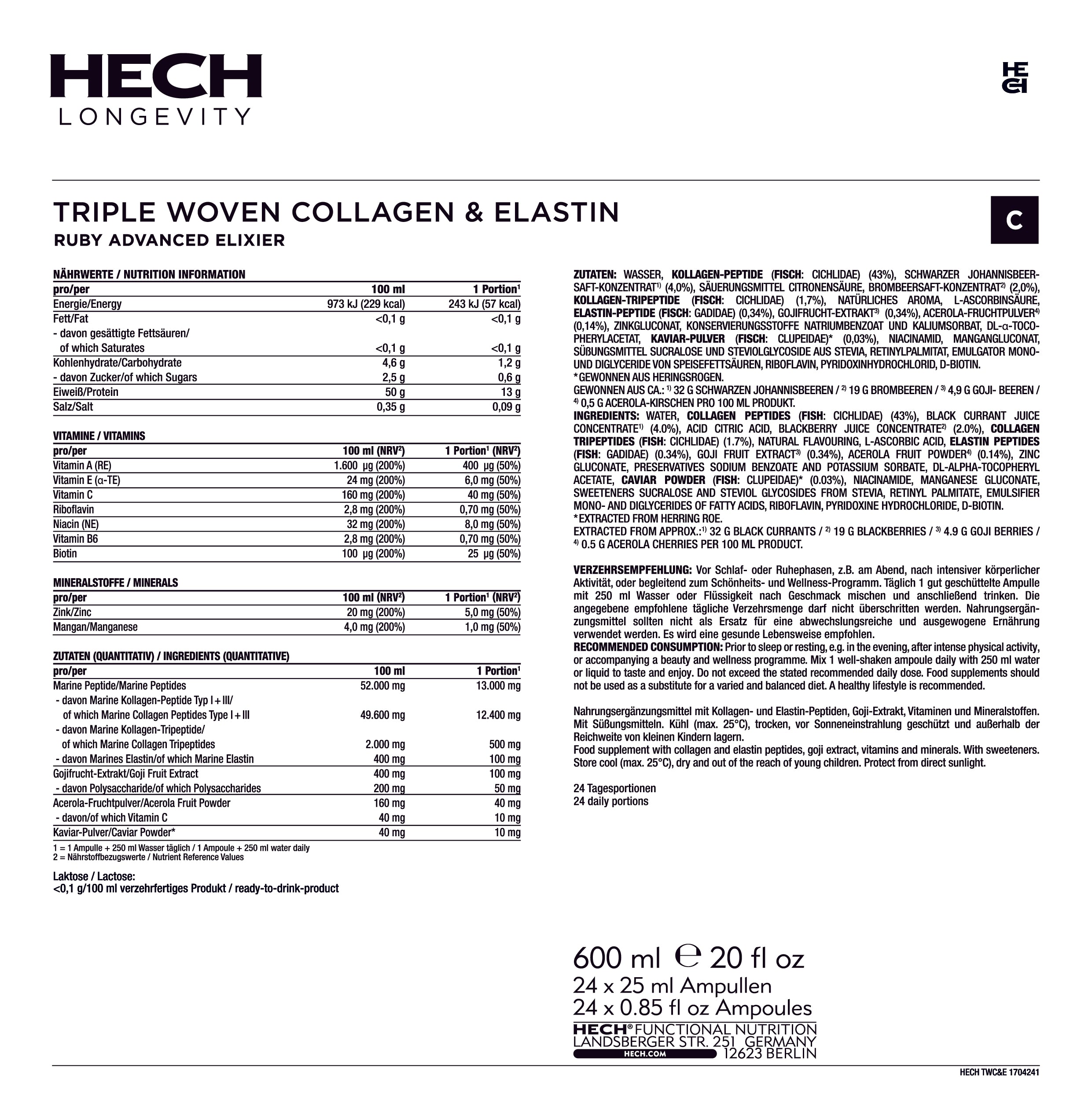 HECH® TRIPLE WOVEN COLLAGEN & ELASTIN | RUBY ADVANCED ELIXIER<br> 24 Ampoules