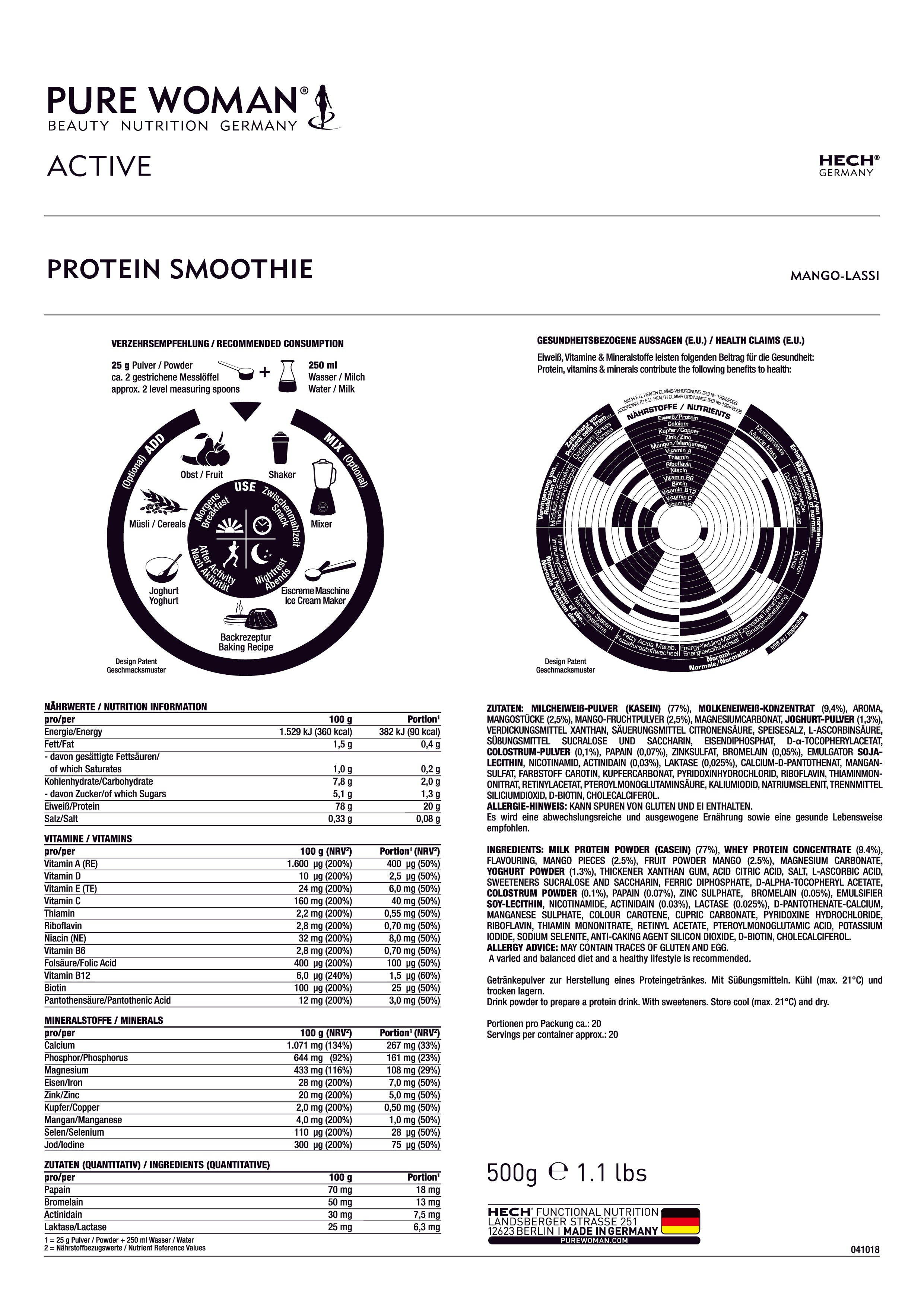 Produktinformationen über HECH PureWoman Sports Protein Smoothie Mango-Lassi 500g Dose