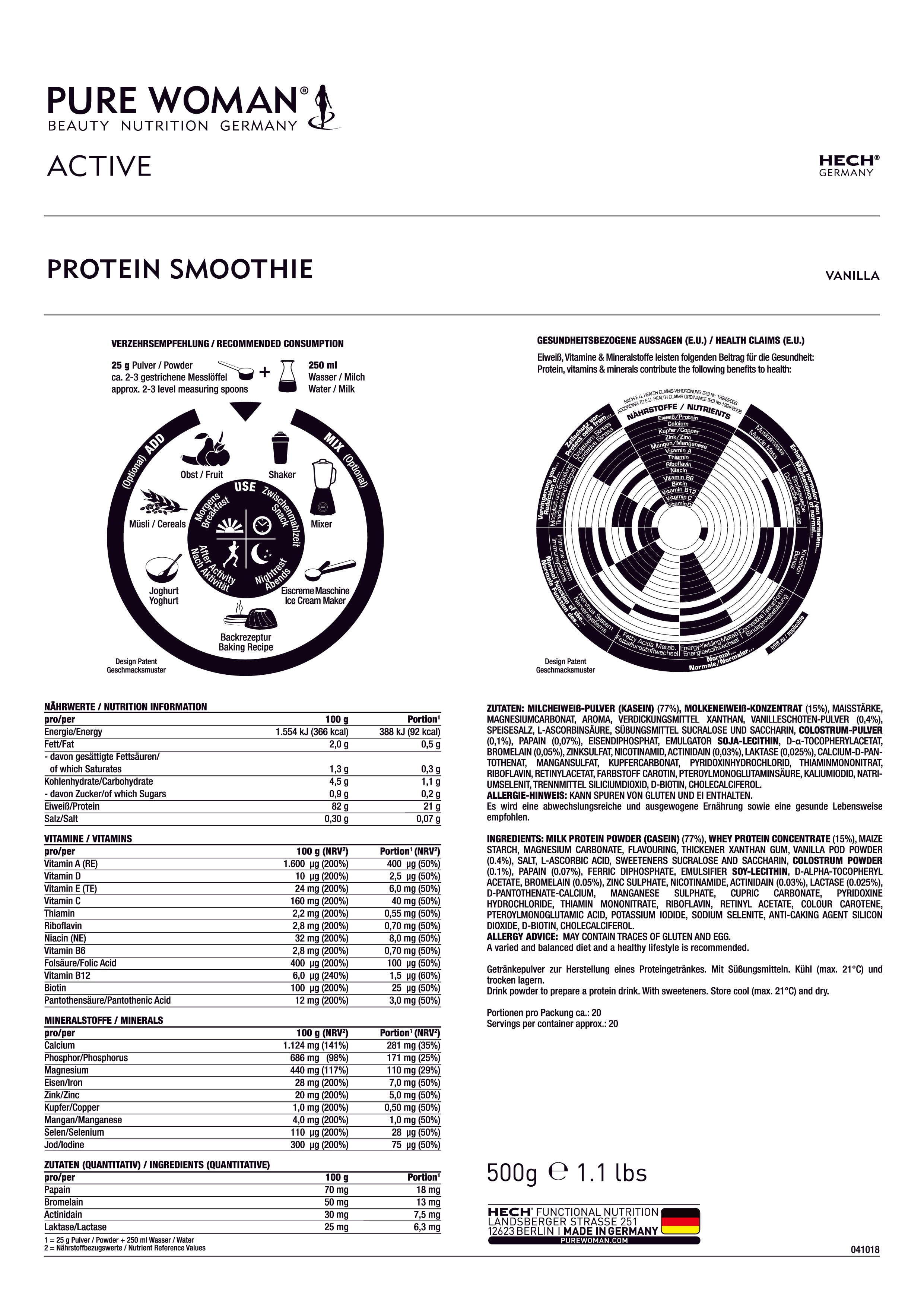 Produktinformationen über HECH PureWoman Sports Protein Smoothie Vanille 500g Dose