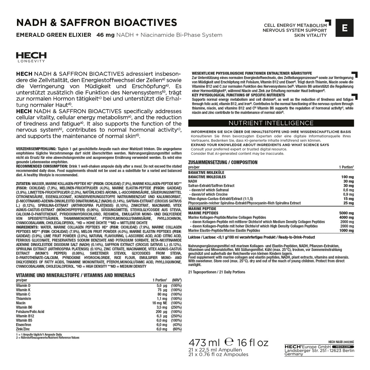 HECH® NADH & SAFFRON BIOACTIVES |  EMERALD GREEN ELIXIER <br>21 Ampoules