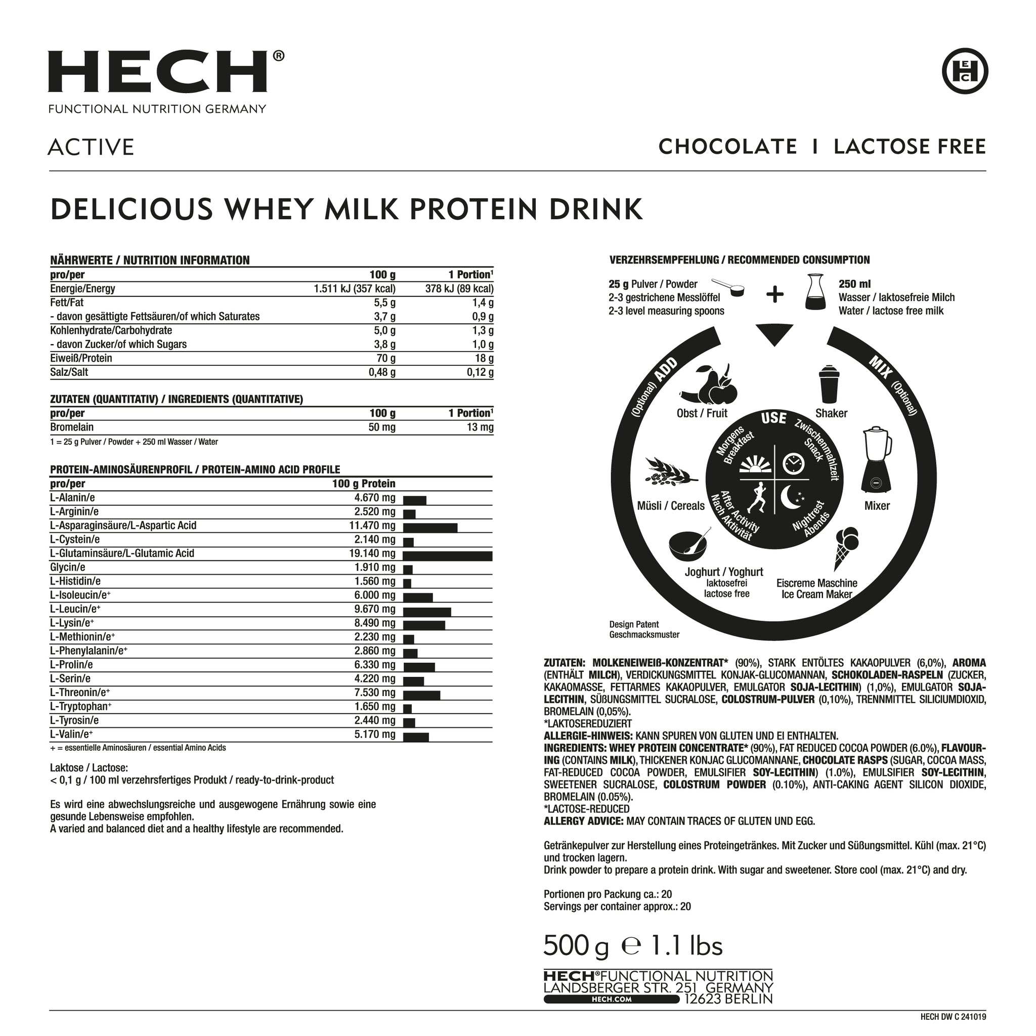 Produktinformation über Active Delicious Whey Milk Protein Drink Schokolade, Laktosefrei