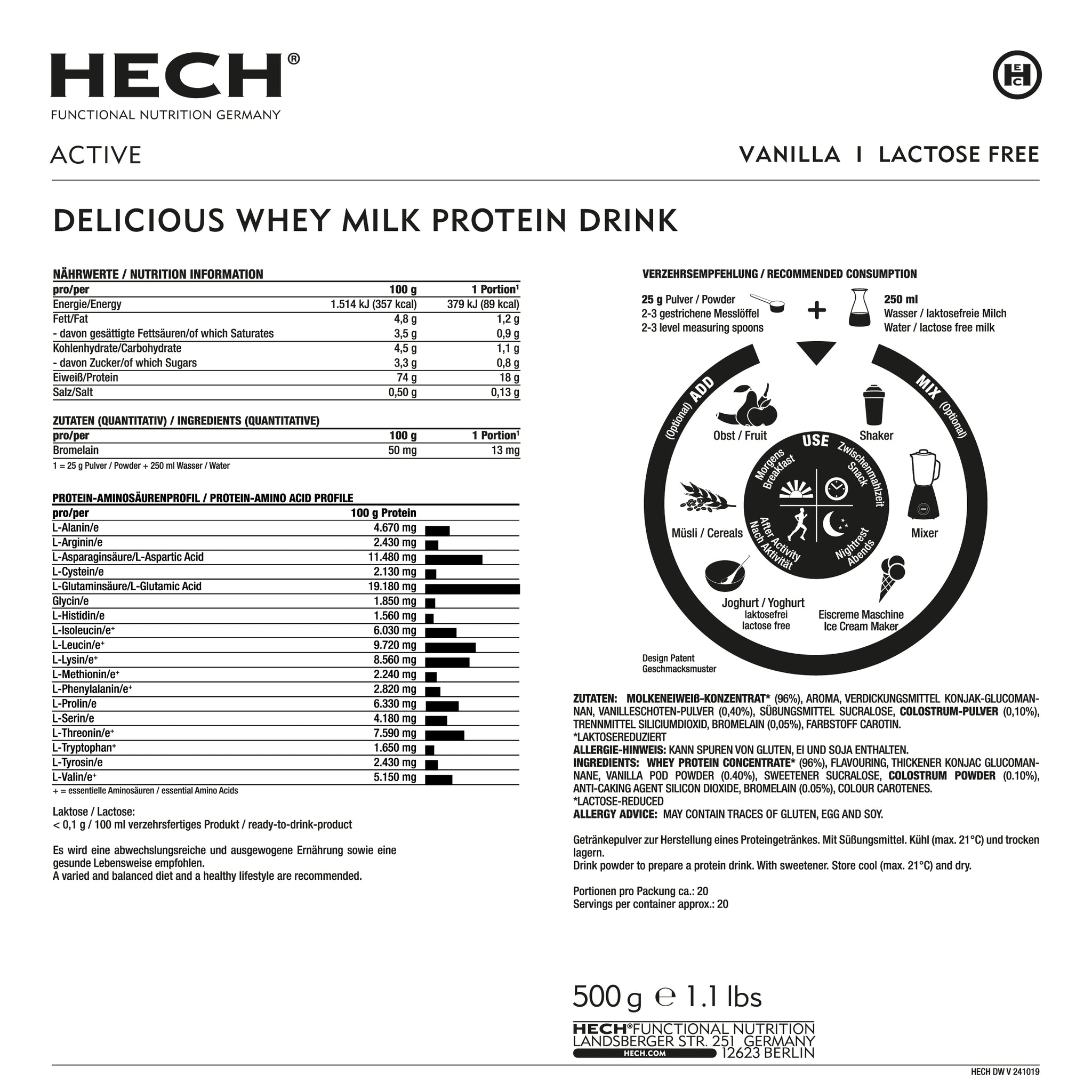 Produktinformationen über HECH Active Delicious Whey Milk Protein Drink Vanille, Laktosefrei