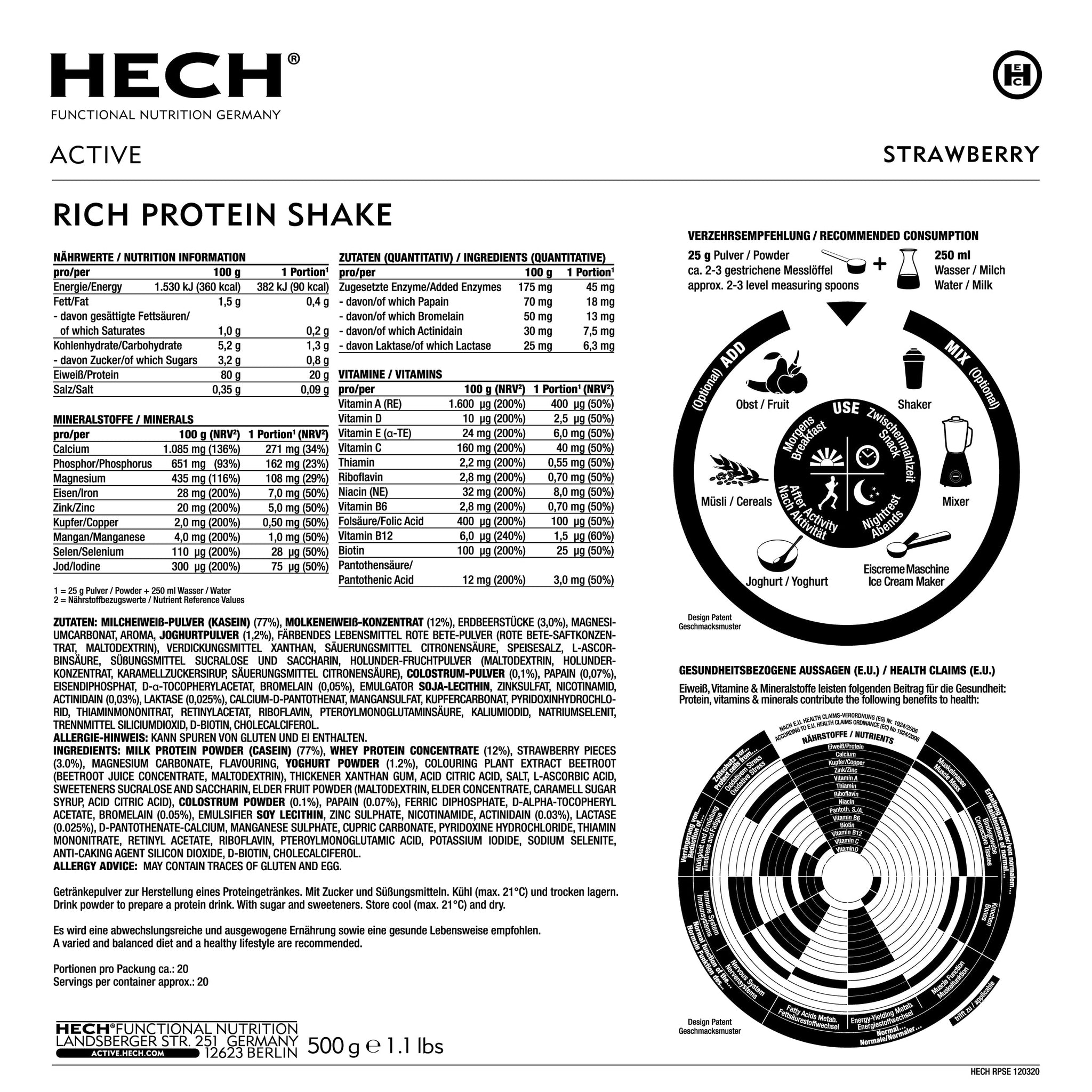 Produktinformationen über HECH Active Rich Protein Shake Erdbeere 500g Dose 