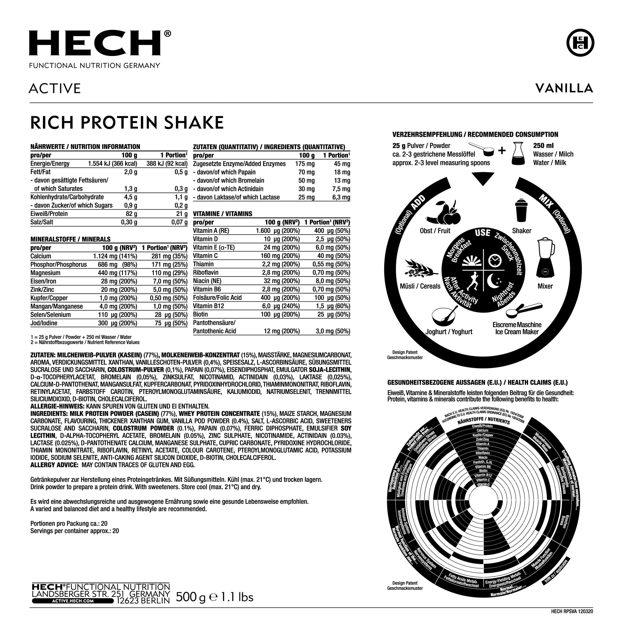 Produktinformationen über HECH Active Rich Protein Shake Vanille 500g Dose 