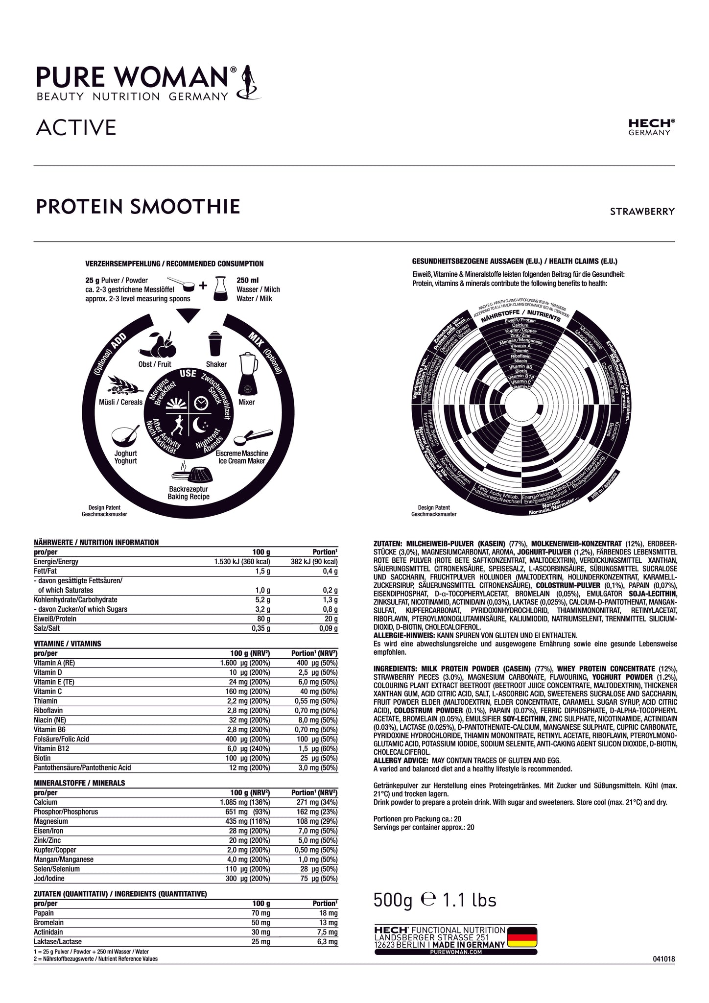 Produktinformationen über HECH PureWoman Sports Protein Smoothie Erdbeere 500g Dose