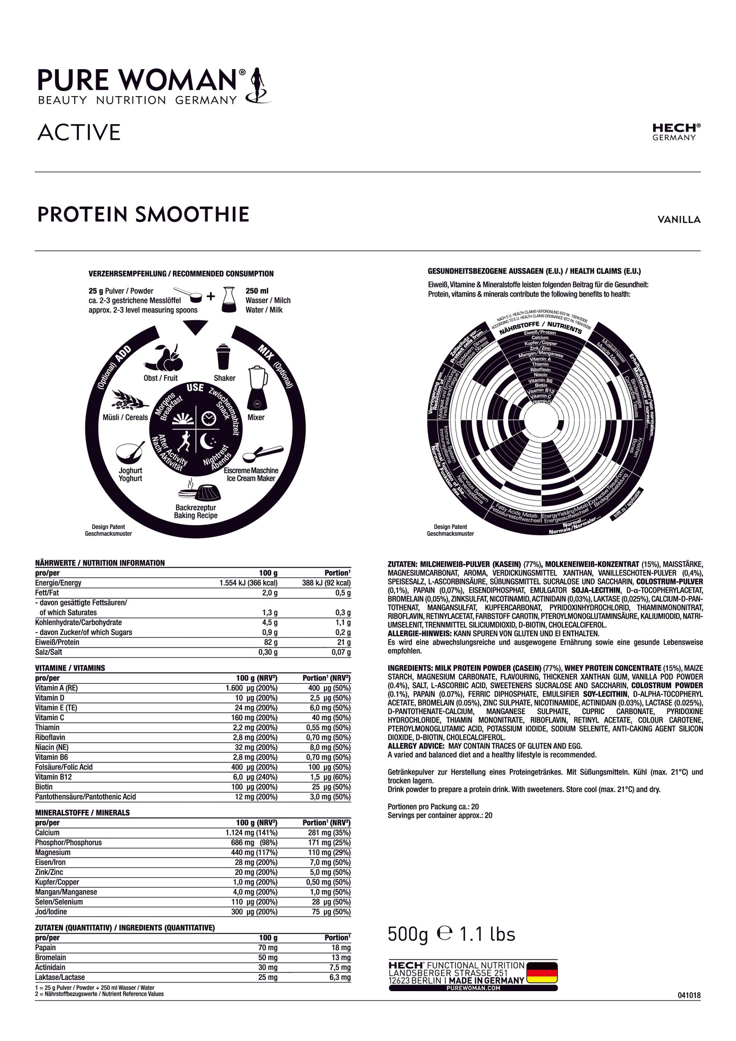 Produktinformationen über HECH PureWoman Sports Protein Smoothie Vanille 500g Dose 